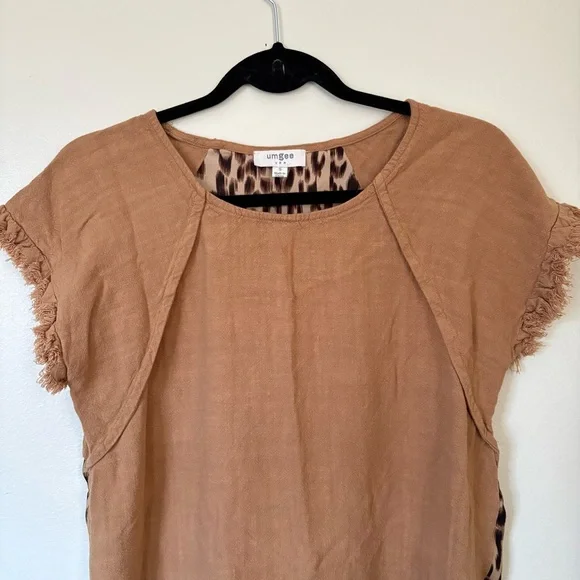 Umgee Brown Linen Leopard Print Blouse Size Small - Picture 7 of 14
